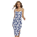 White Blue Hibiscus Floral Pattern Print Cross Back Cami Dress