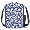 White Blue Hibiscus Floral Pattern Print Crossbody Lunch Bag