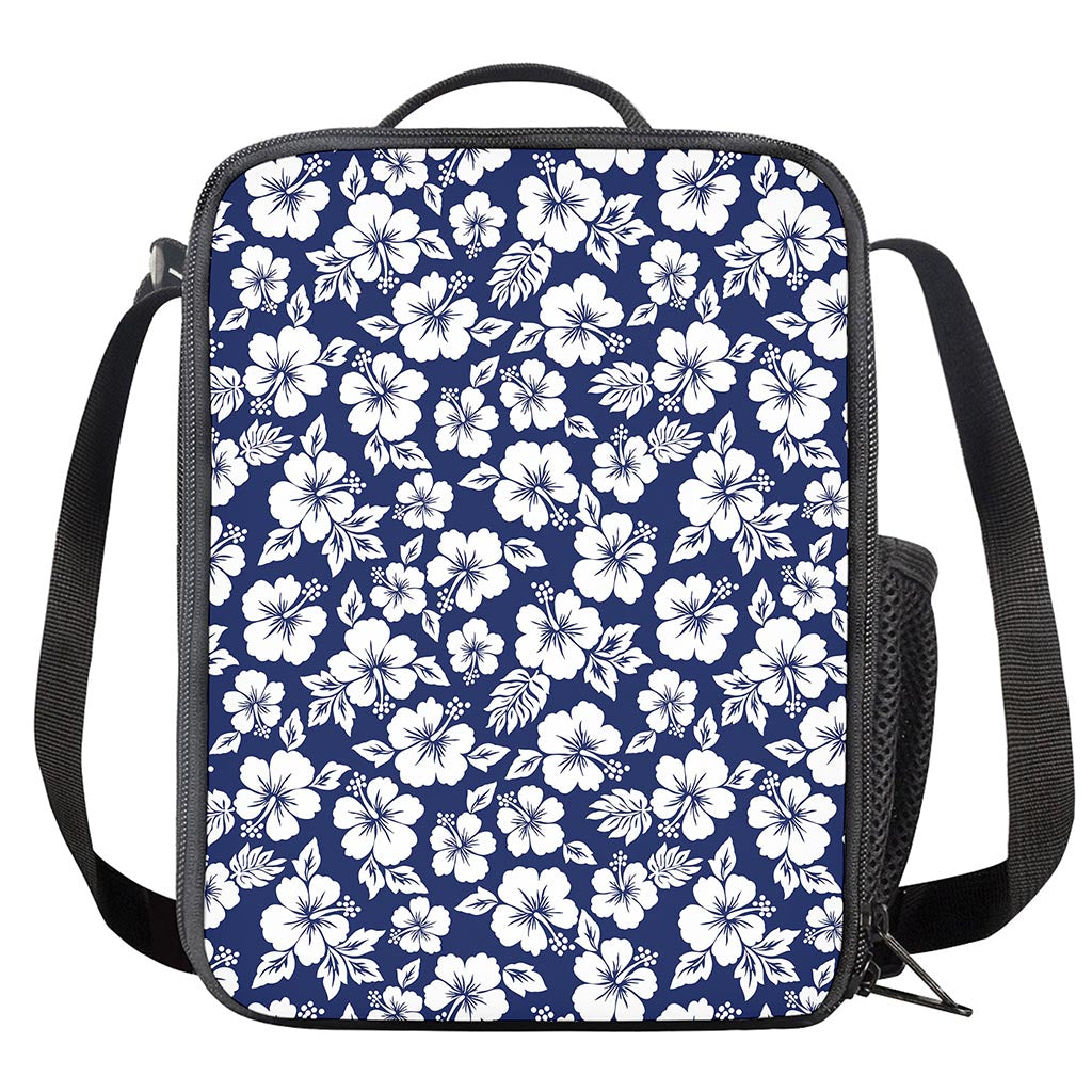 White Blue Hibiscus Floral Pattern Print Crossbody Lunch Bag