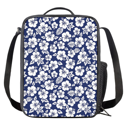 White Blue Hibiscus Floral Pattern Print Crossbody Lunch Bag