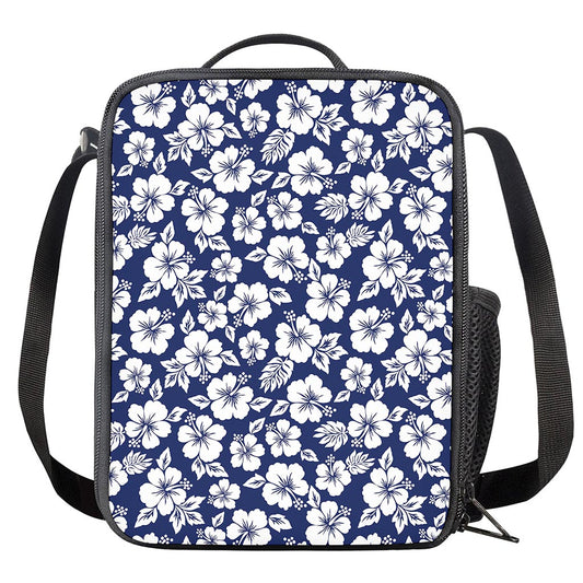 White Blue Hibiscus Floral Pattern Print Crossbody Lunch Bag