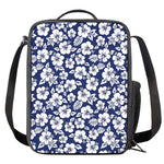 White Blue Hibiscus Floral Pattern Print Crossbody Lunch Bag