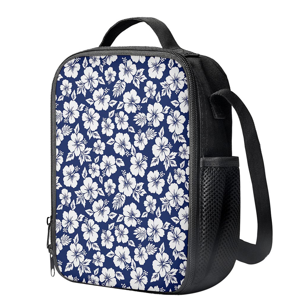 White Blue Hibiscus Floral Pattern Print Crossbody Lunch Bag