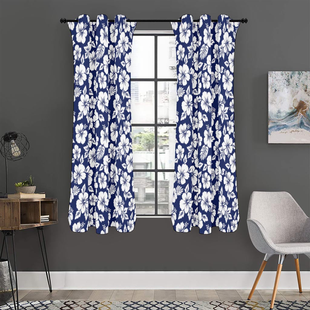 White Blue Hibiscus Floral Pattern Print Curtain