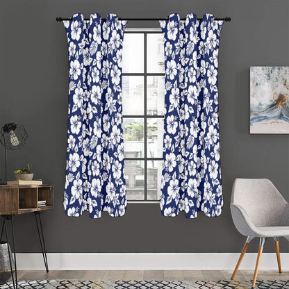 White Blue Hibiscus Floral Pattern Print Curtain