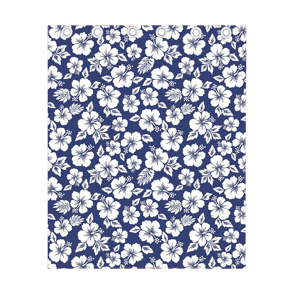 White Blue Hibiscus Floral Pattern Print Curtain