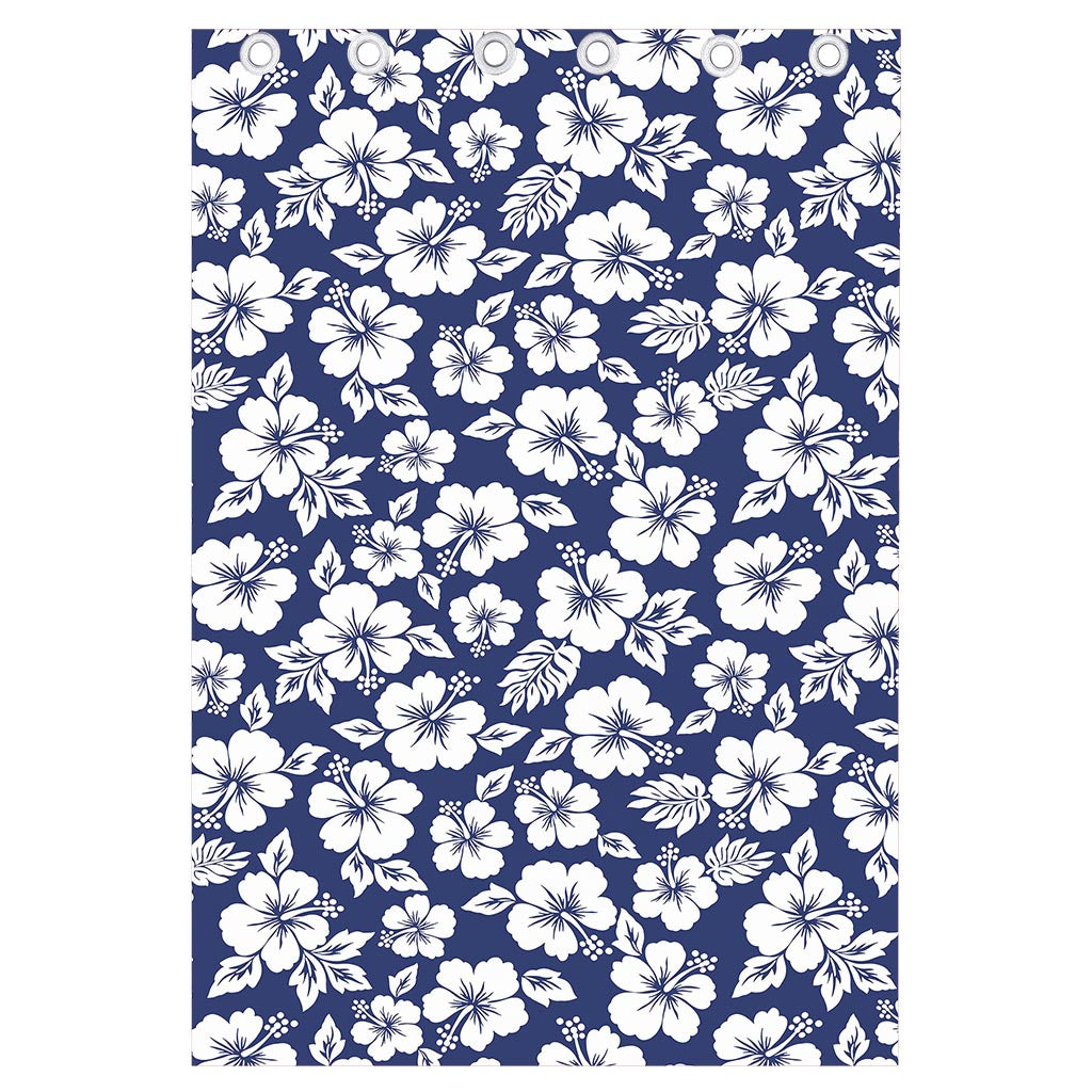 White Blue Hibiscus Floral Pattern Print Curtain