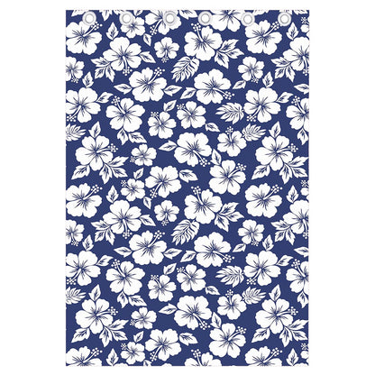 White Blue Hibiscus Floral Pattern Print Curtain