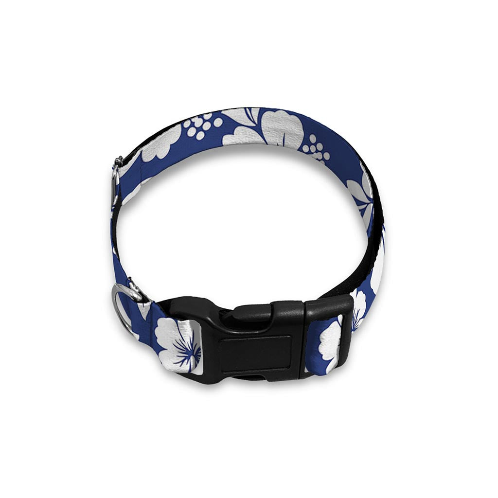 White Blue Hibiscus Floral Pattern Print Dog Collar