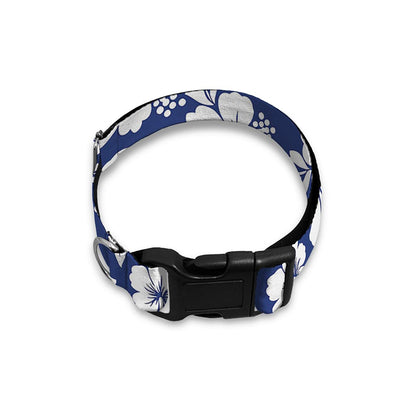 White Blue Hibiscus Floral Pattern Print Dog Collar