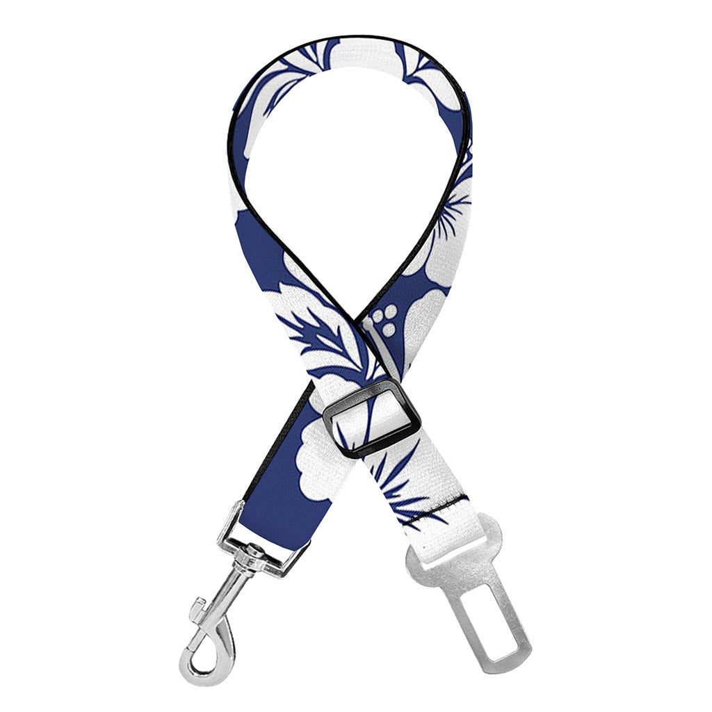 White Blue Hibiscus Floral Pattern Print Dog Seat Belt