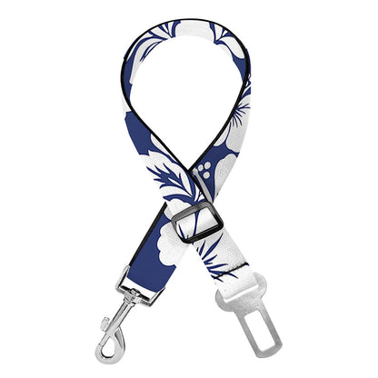 White Blue Hibiscus Floral Pattern Print Dog Seat Belt