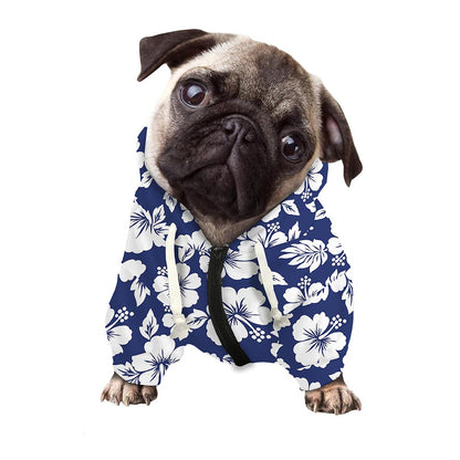 White Blue Hibiscus Floral Pattern Print Dog Zip Up Hoodie