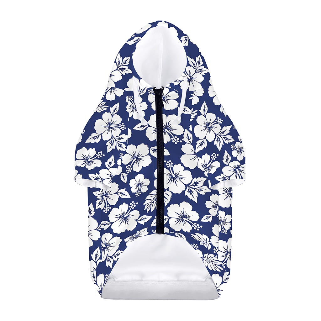 White Blue Hibiscus Floral Pattern Print Dog Zip Up Hoodie