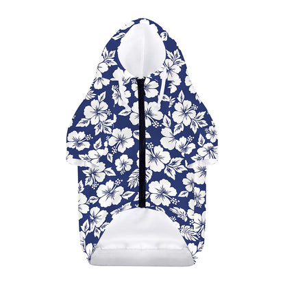 White Blue Hibiscus Floral Pattern Print Dog Zip Up Hoodie
