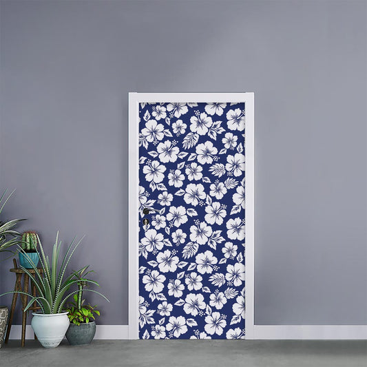 White Blue Hibiscus Floral Pattern Print Door Sticker