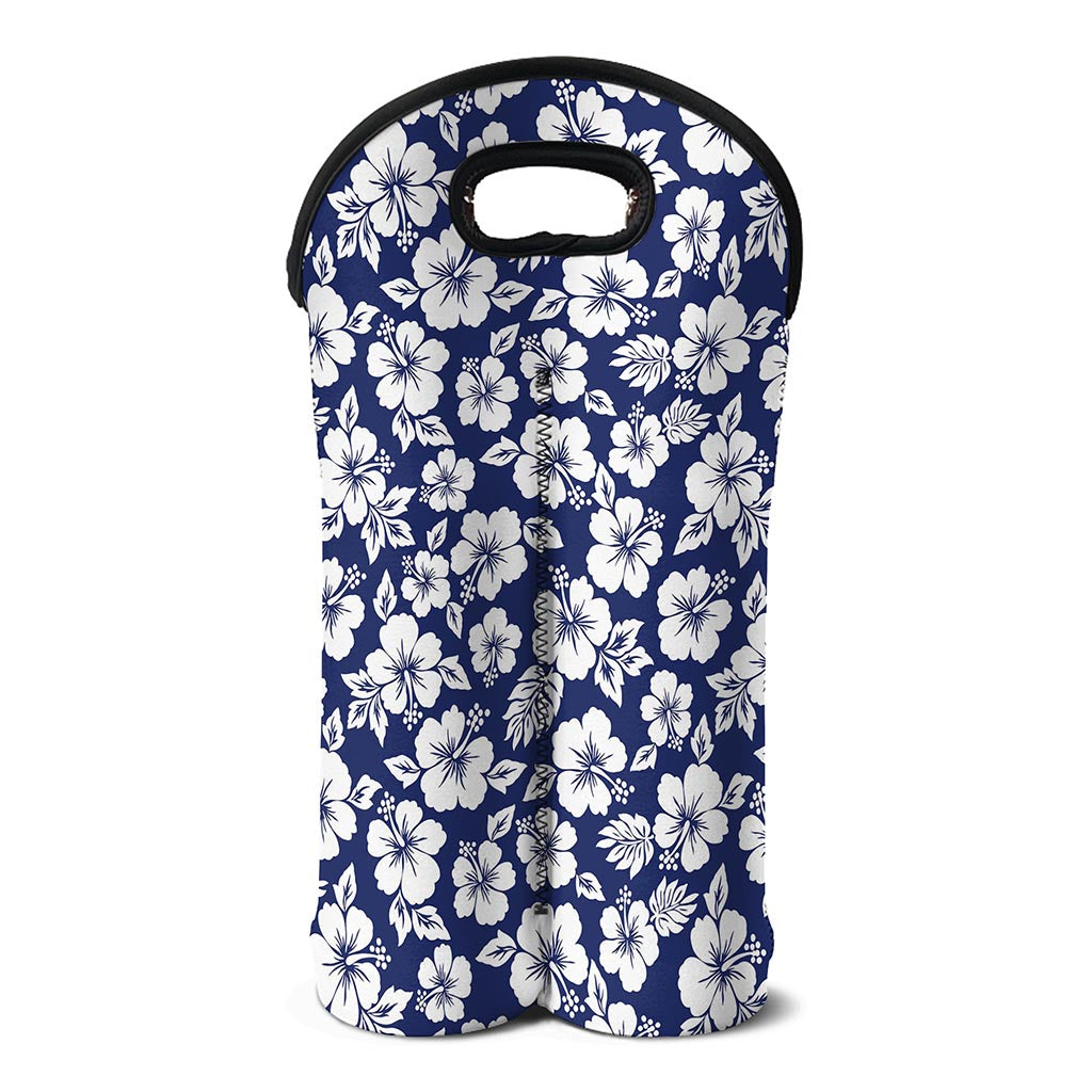 White Blue Hibiscus Floral Pattern Print Double Neoprene Wine Tote