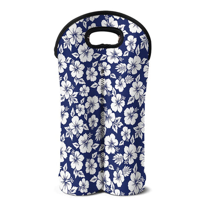 White Blue Hibiscus Floral Pattern Print Double Neoprene Wine Tote