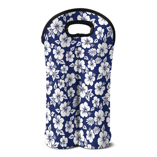 White Blue Hibiscus Floral Pattern Print Double Neoprene Wine Tote
