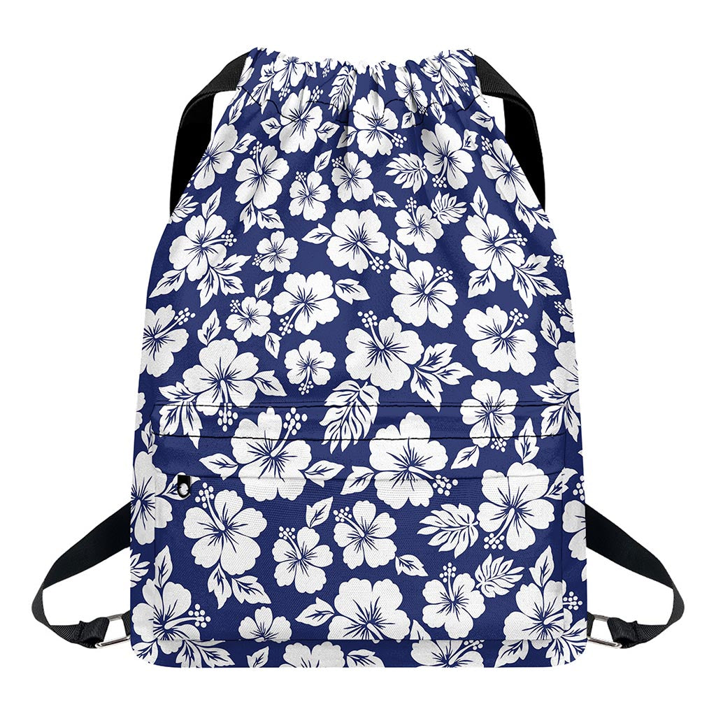 White Blue Hibiscus Floral Pattern Print Drawstring Backpack