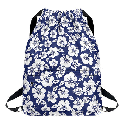White Blue Hibiscus Floral Pattern Print Drawstring Backpack