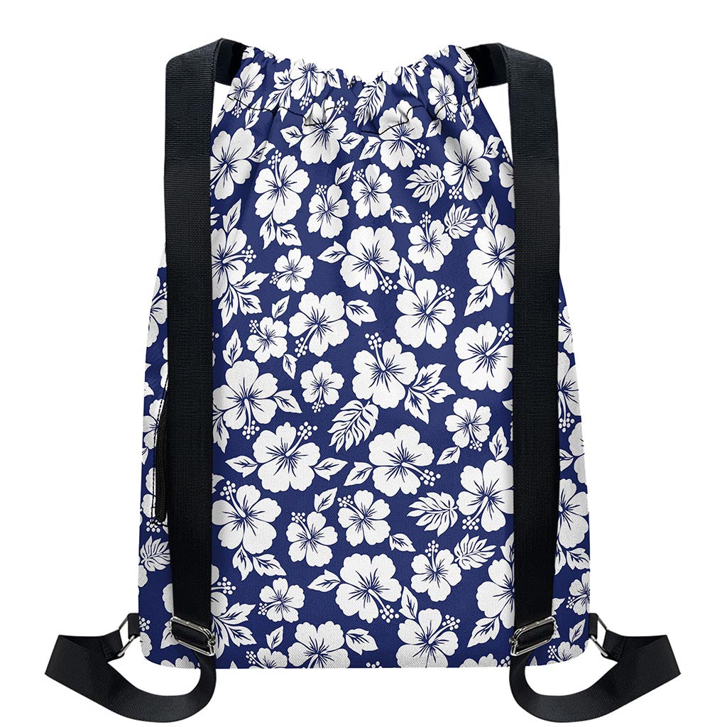 White Blue Hibiscus Floral Pattern Print Drawstring Backpack