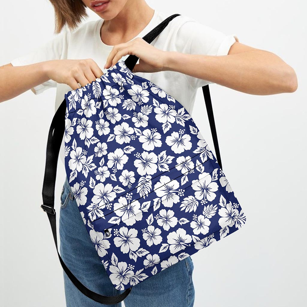 White Blue Hibiscus Floral Pattern Print Drawstring Backpack