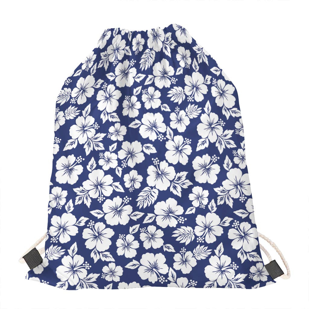 White Blue Hibiscus Floral Pattern Print Drawstring Bag