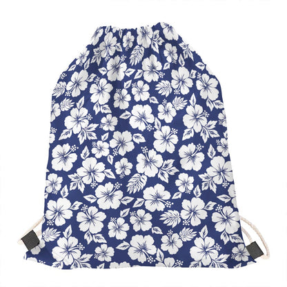 White Blue Hibiscus Floral Pattern Print Drawstring Bag