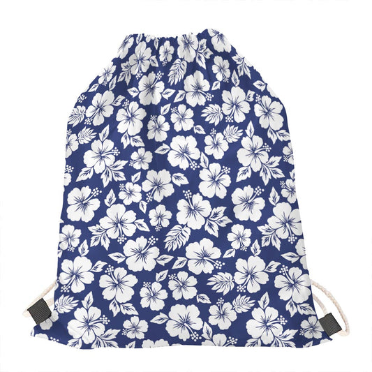 White Blue Hibiscus Floral Pattern Print Drawstring Bag
