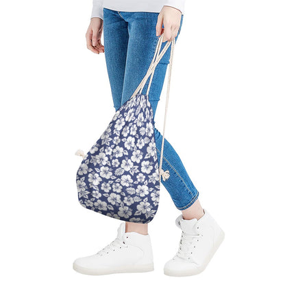 White Blue Hibiscus Floral Pattern Print Drawstring Bag