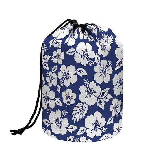 White Blue Hibiscus Floral Pattern Print Drawstring Makeup Bag