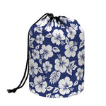 White Blue Hibiscus Floral Pattern Print Drawstring Makeup Bag
