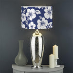 White Blue Hibiscus Floral Pattern Print Drum Lamp Shade