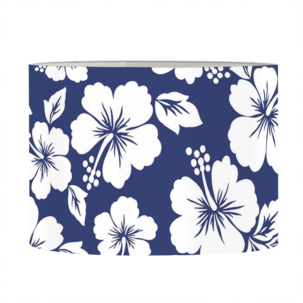 White Blue Hibiscus Floral Pattern Print Drum Lamp Shade