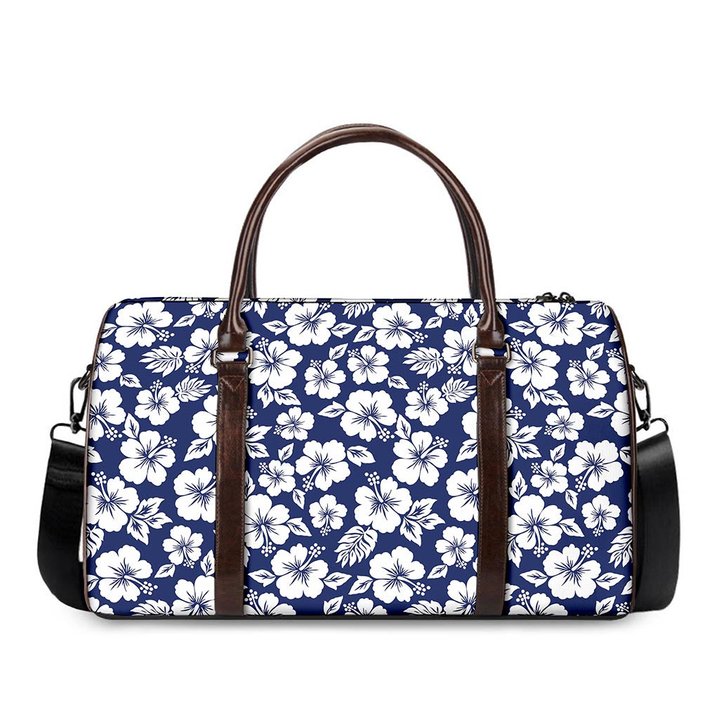 White Blue Hibiscus Floral Pattern Print Duffle Bag