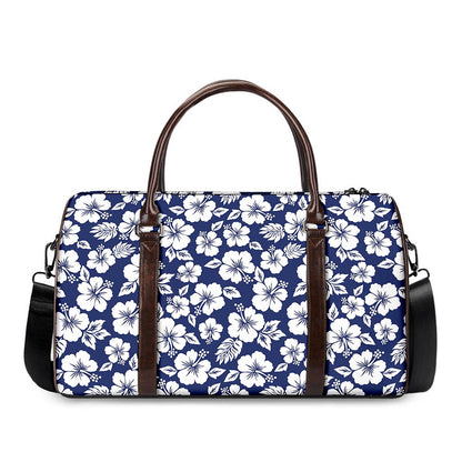 White Blue Hibiscus Floral Pattern Print Duffle Bag