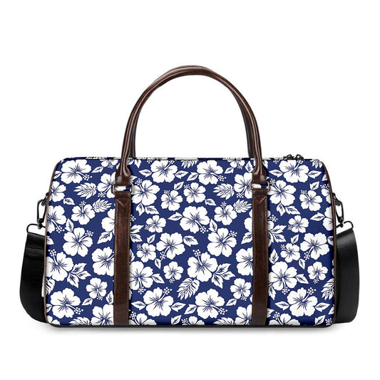 White Blue Hibiscus Floral Pattern Print Duffle Bag