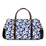 White Blue Hibiscus Floral Pattern Print Duffle Bag