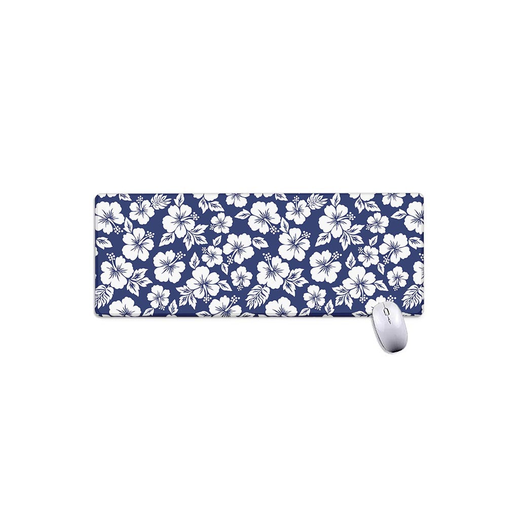 White Blue Hibiscus Floral Pattern Print Extended Mouse Pad