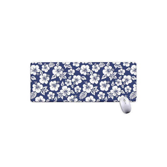 White Blue Hibiscus Floral Pattern Print Extended Mouse Pad