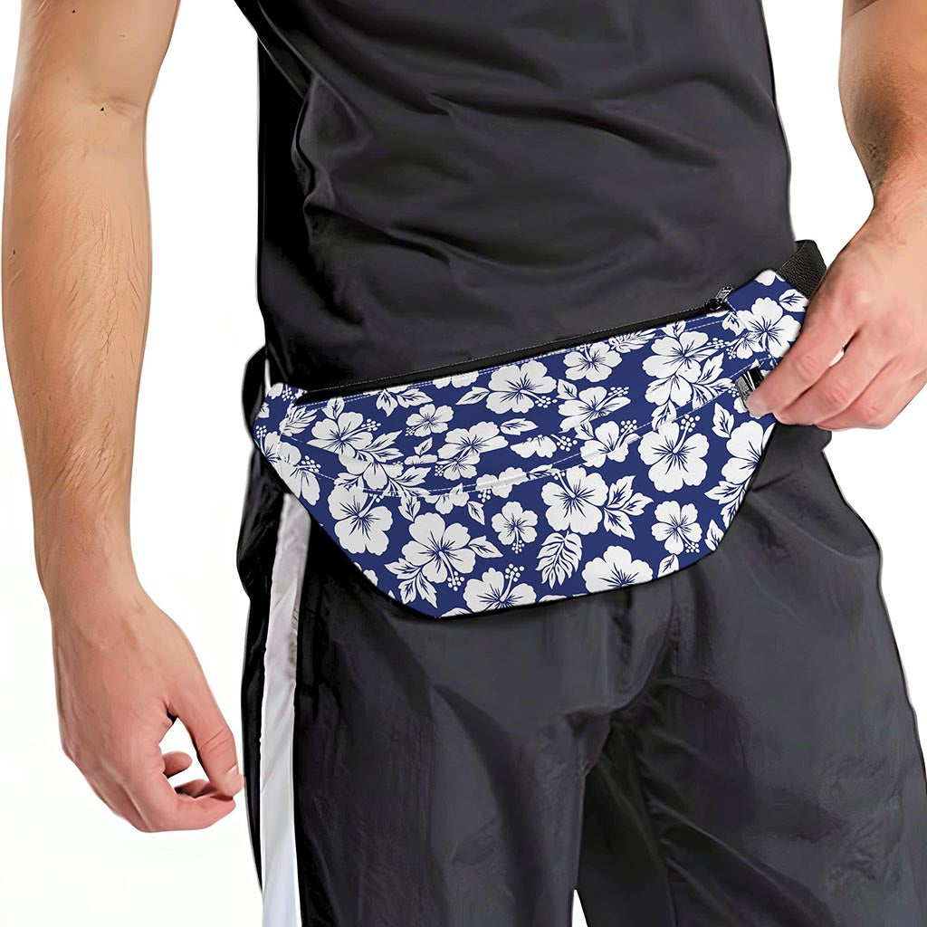 White Blue Hibiscus Floral Pattern Print Fanny Pack
