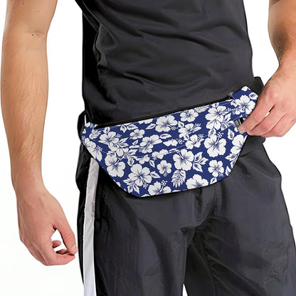 White Blue Hibiscus Floral Pattern Print Fanny Pack