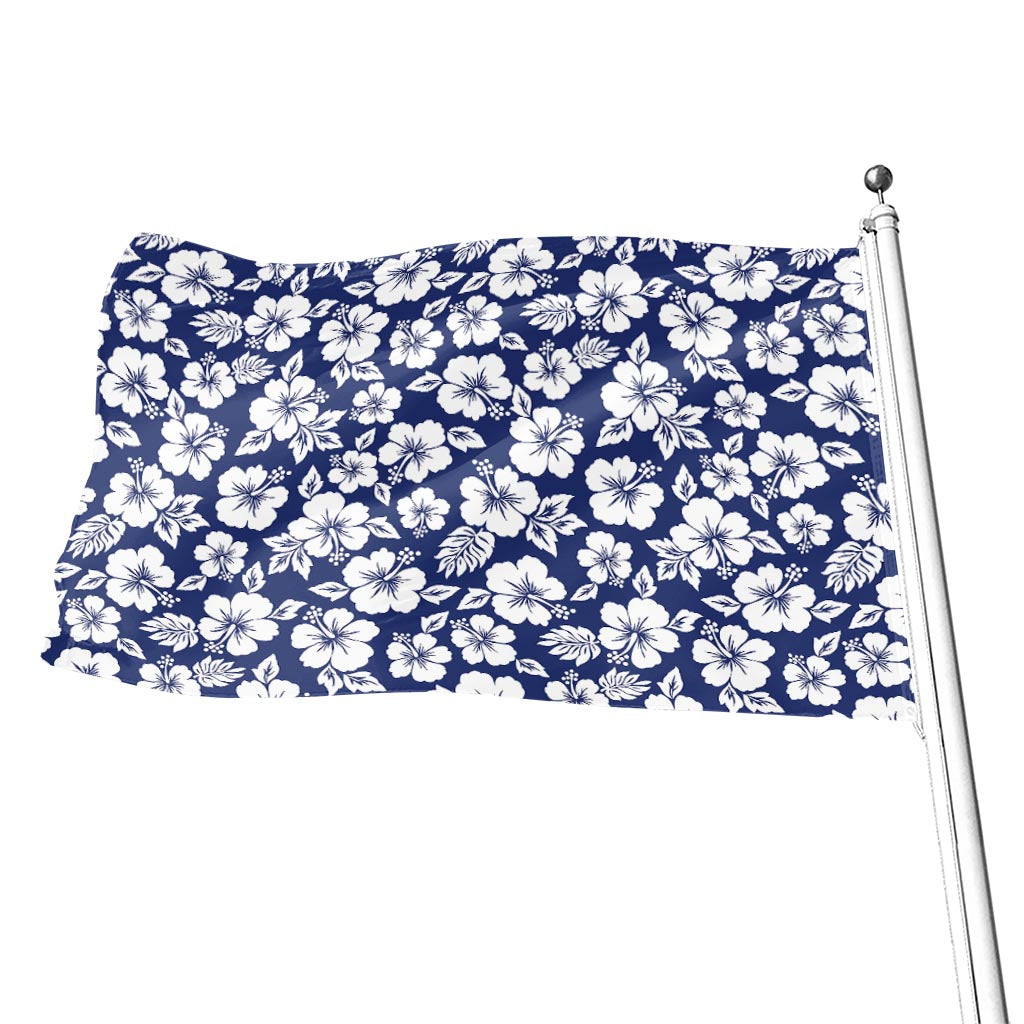 White Blue Hibiscus Floral Pattern Print Flag