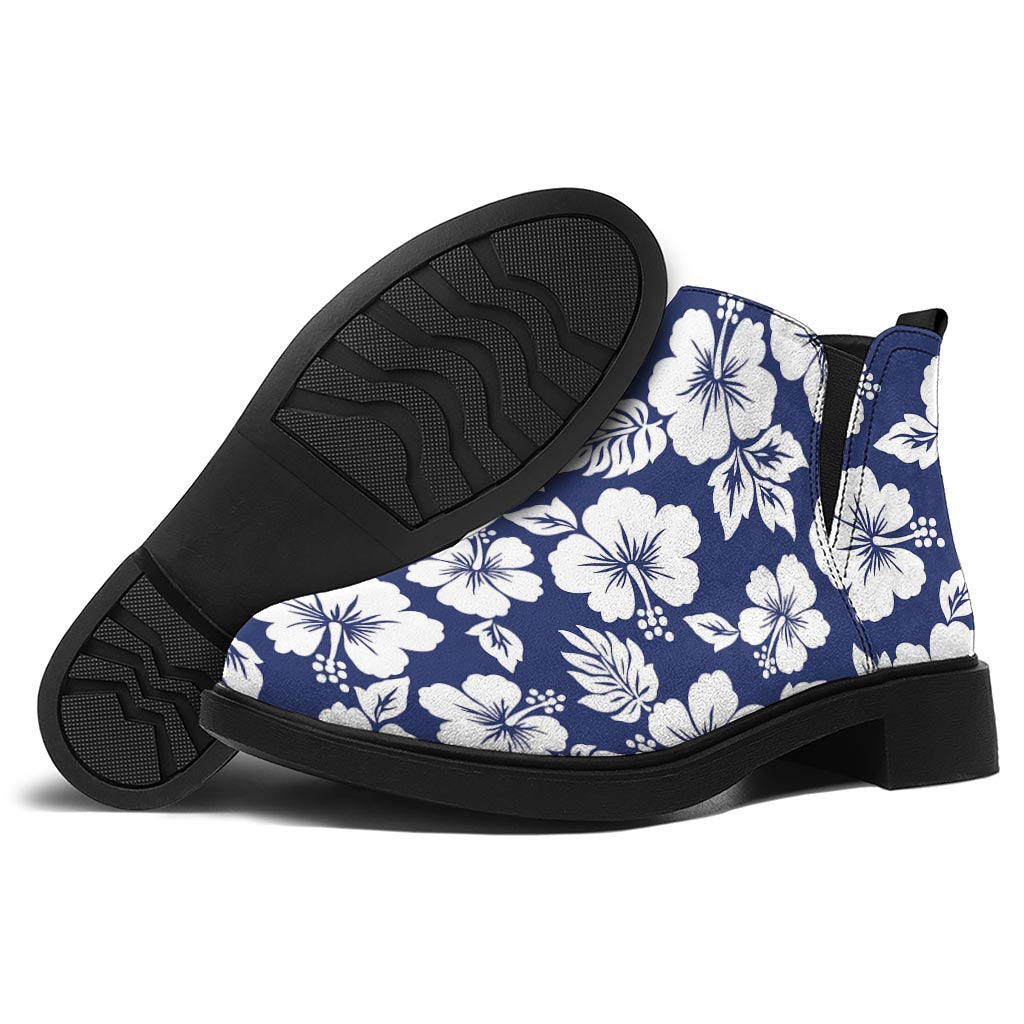White Blue Hibiscus Floral Pattern Print Flat Ankle Boots