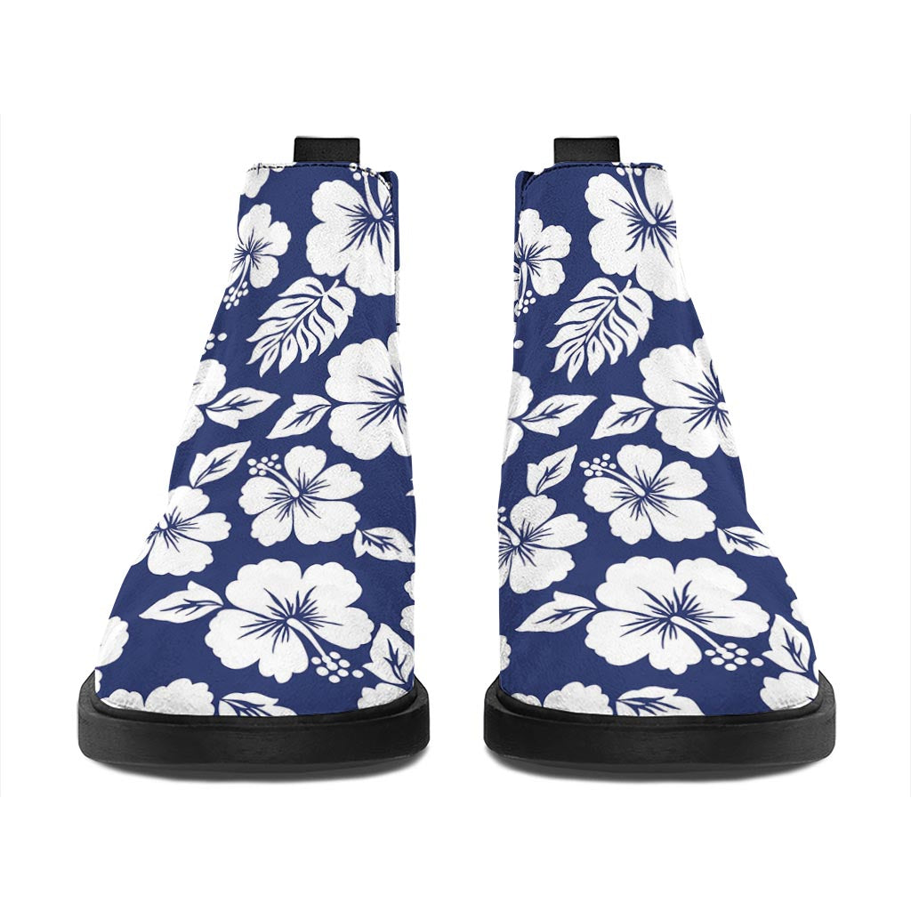 White Blue Hibiscus Floral Pattern Print Flat Ankle Boots