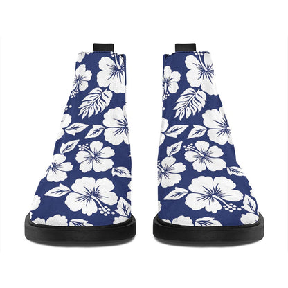 White Blue Hibiscus Floral Pattern Print Flat Ankle Boots