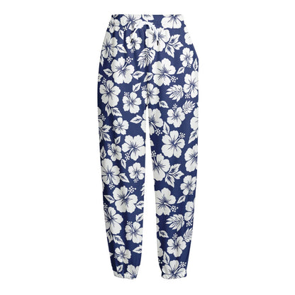 White Blue Hibiscus Floral Pattern Print Fleece Lined Knit Pants