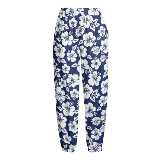 White Blue Hibiscus Floral Pattern Print Fleece Lined Knit Pants