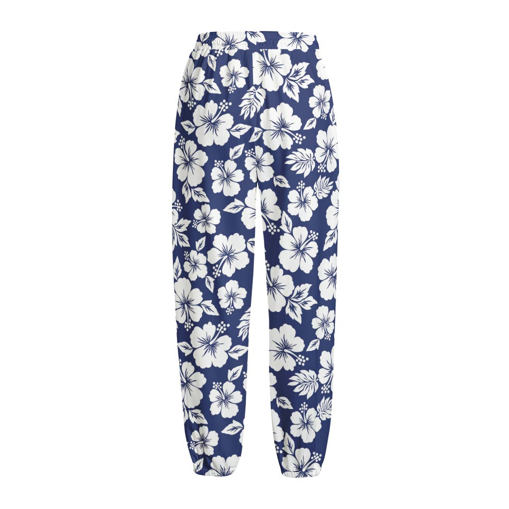 White Blue Hibiscus Floral Pattern Print Fleece Lined Knit Pants